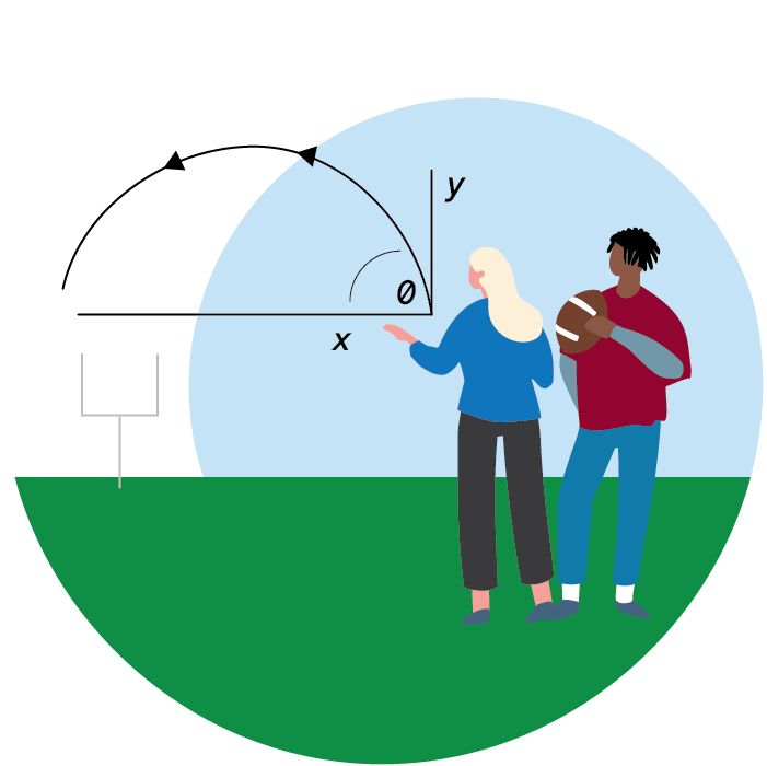 Two people viewing a football field with a diagram showing the measurement of an angle and trajectory.